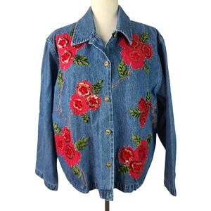 Tantrums Blue Denim Red Sequin Embroidered Floral Roses Vintage  Shirt Shacket L